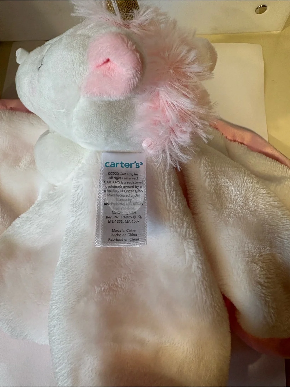 Carter's White and Pink Unicorn Lovey Plush baby security blanket